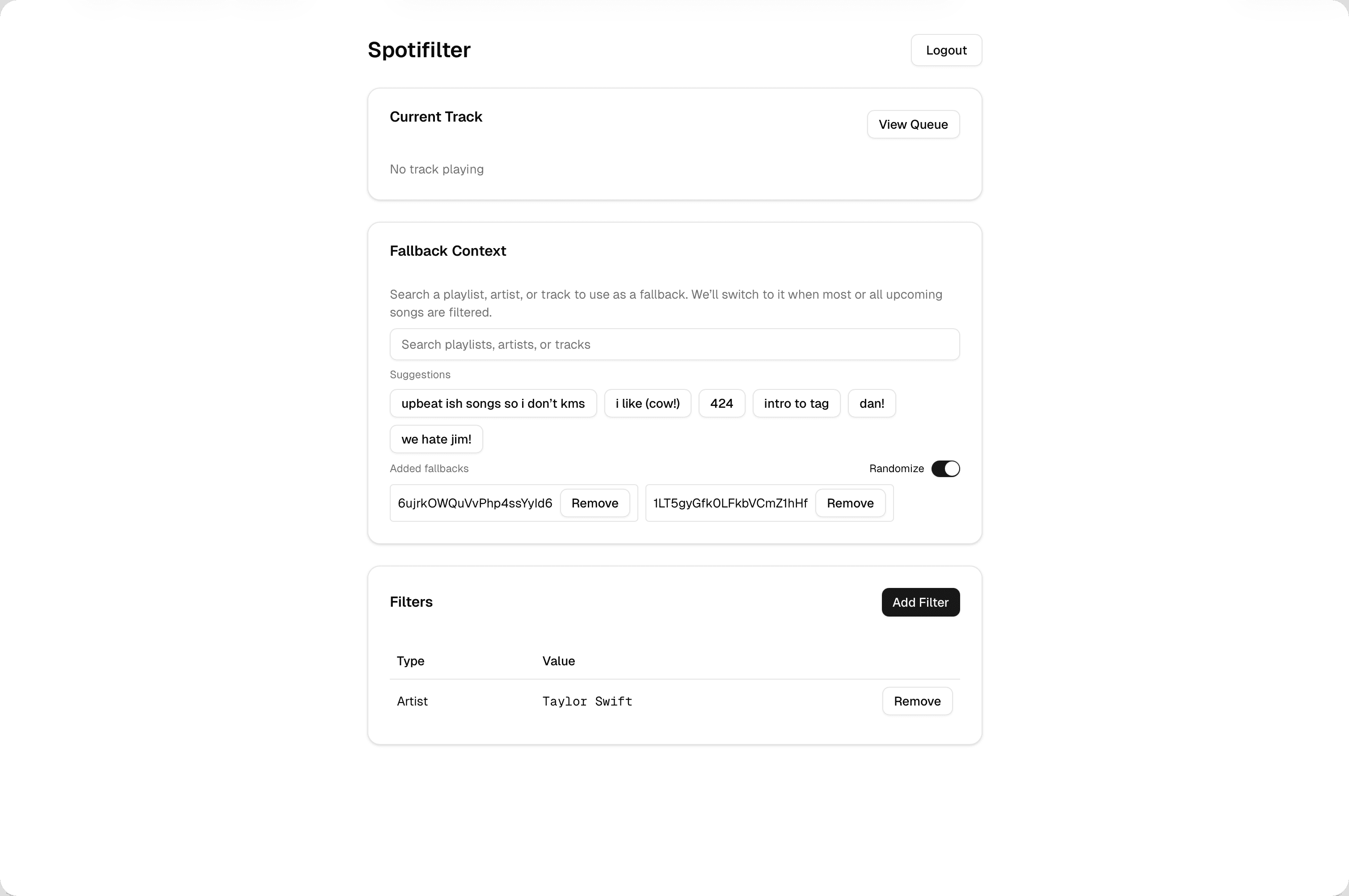 Project preview for Spotifilter