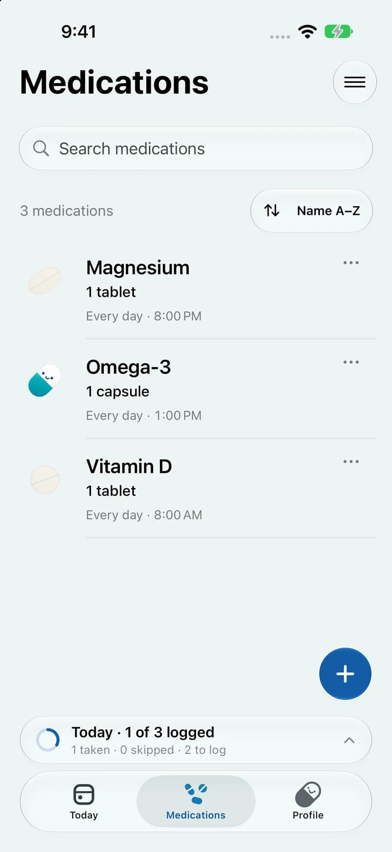 Dosey's medication library with search, sort controls, personal pill artwork, and the floating Add button