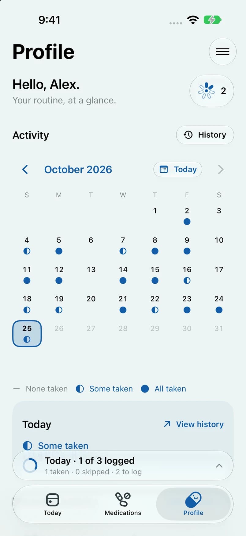Dosey's Profile with a month of recorded example activity and a logging streak