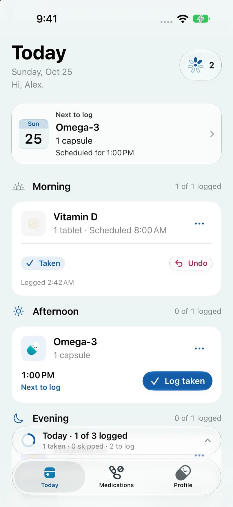 Dosey Today showing the next dose, a recorded Taken entry, and the daily schedule